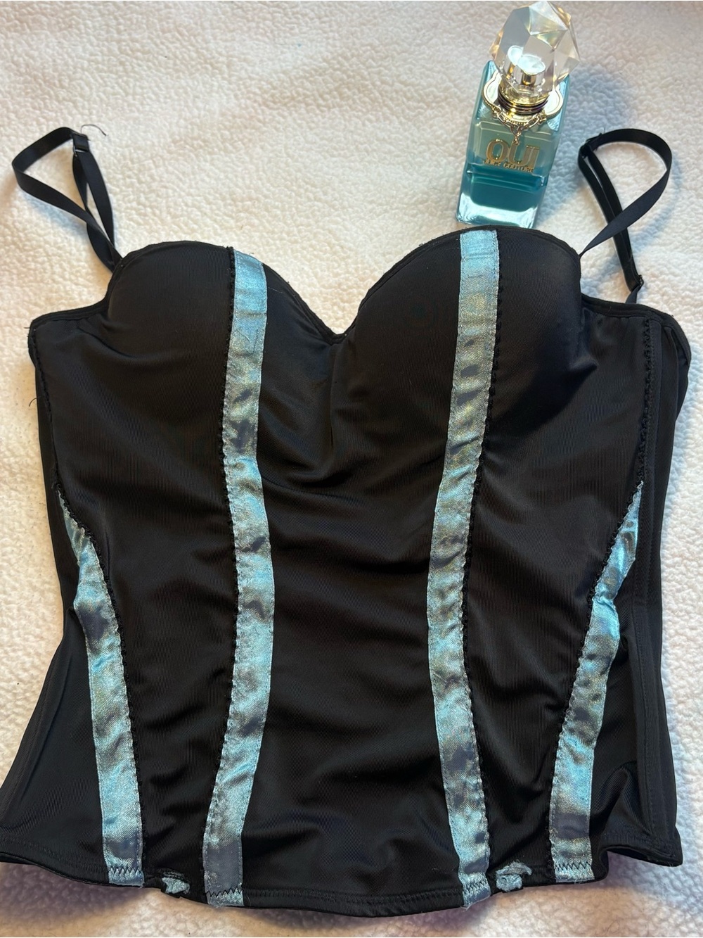 Black Bustier with Metallic Blue Stripe Accents